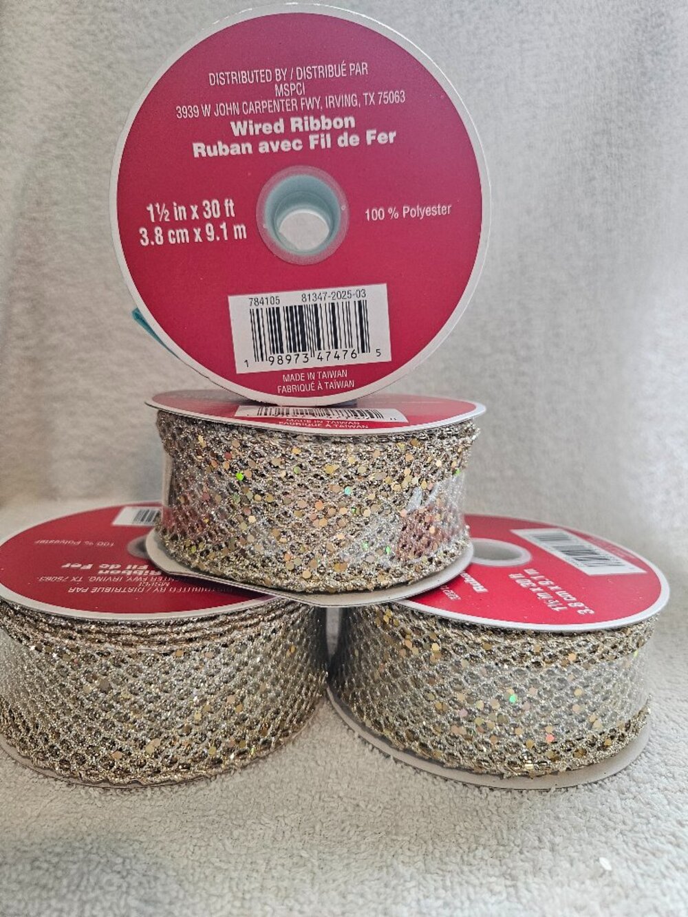 Lot of 4 New Rolls Wired Ribbon 1.5” x 30' Christmas Holiday Wreath Wrapping